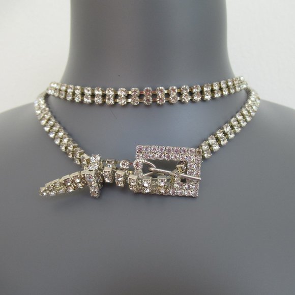 VTG Clear Crystal Rhinestone Slim Thin Belt, Silver tone metal Mint Sz XS/S - Picture 3 of 7